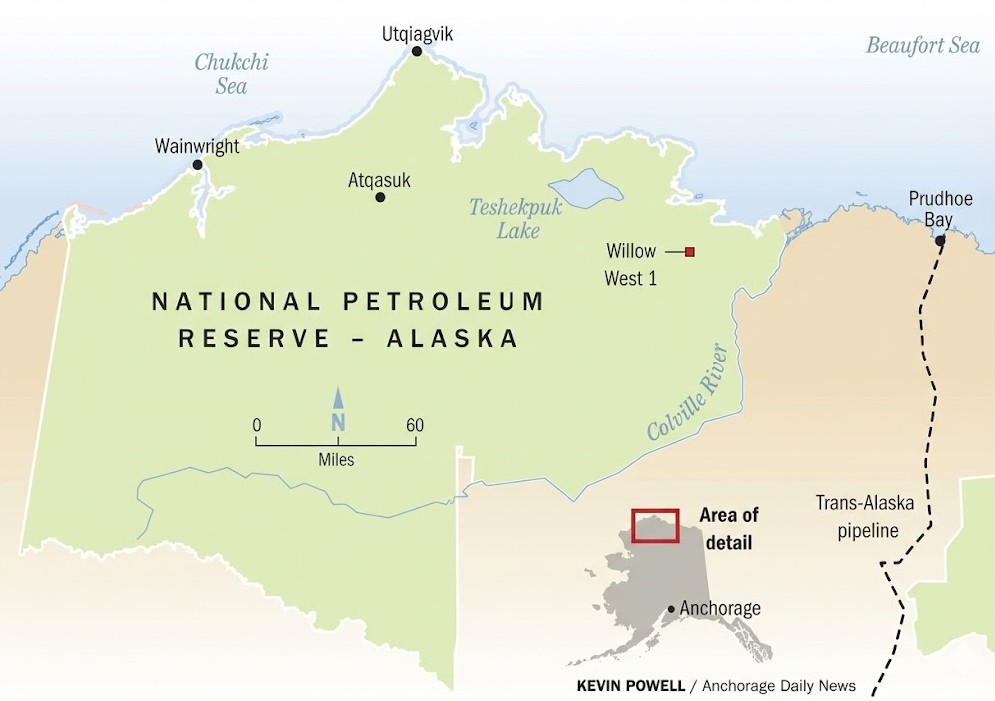 Karte des National Petroleum Reserve – Alaska mit Ortspunkten, Trans-Alaska-Pipeline und Lagehinweis zu Anchorage